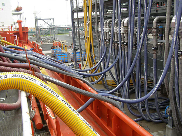 Countless PTFE composite hoses in a chemical processing plant.