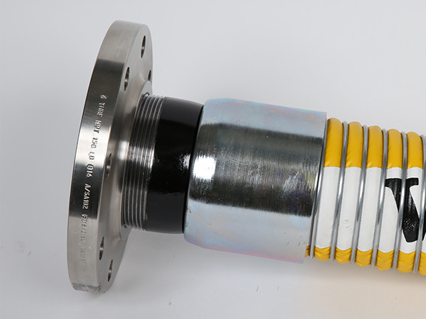 PTFE composite hose with a flange fitting on a white background